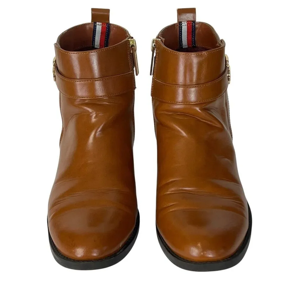 Tommy Hilfiger Women Brown Ankle Boots Side Zip Buckle‎ Detail Size 8.5M